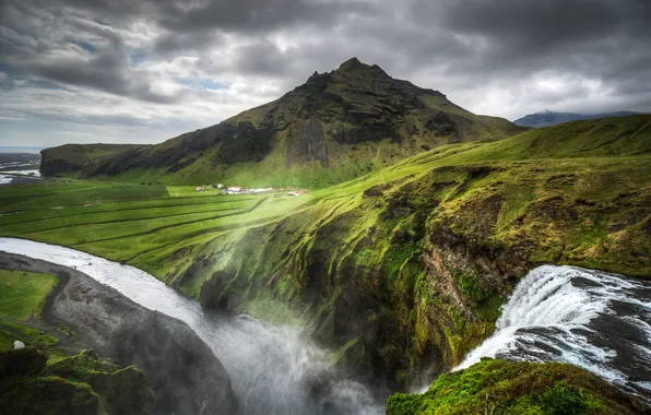 Горы, природа, водопад, Исландия, Iceland