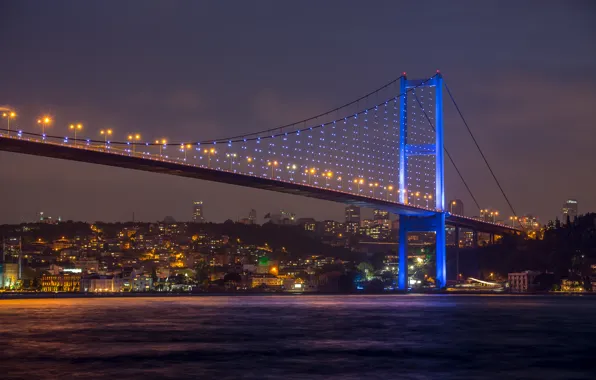 Картинка city, sky, nature, Istanbul, turkey, beautiful view, Sea of Marmara, Bosphorus Bridge at night