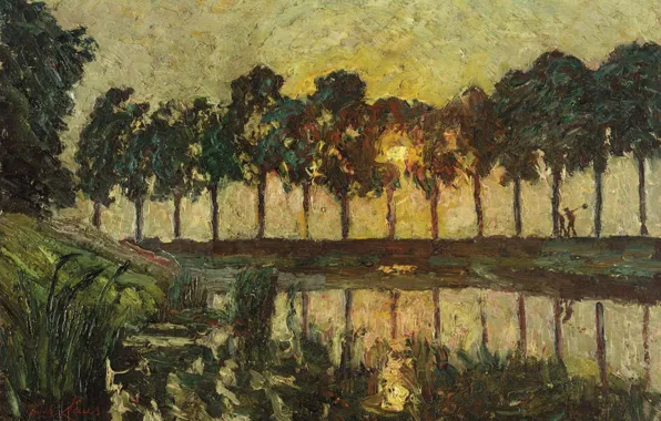 Картинка пейзаж, закат, картина, Эмиль Клаус, Деревья у озера