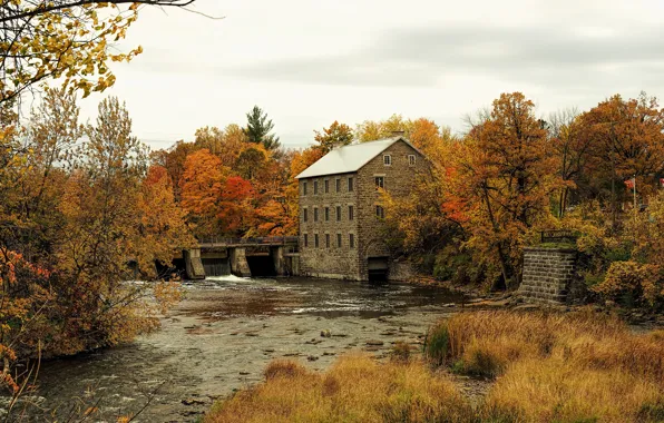 Картинка осень, деревья, мост, дом, желтые, Канада, речка, Ottawa