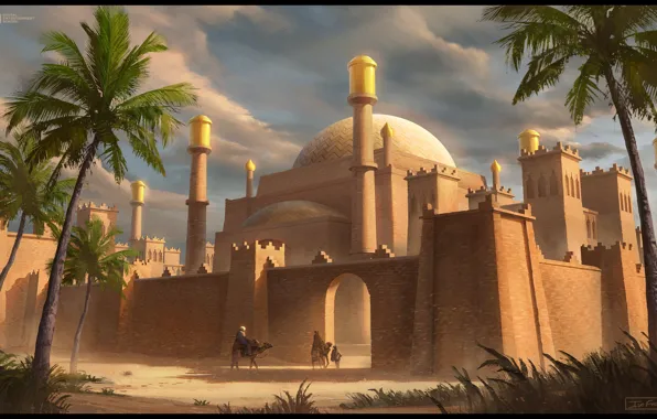 Пальмы, люди, стена, здания, верблюд, врата, Middle Eastern Citadel