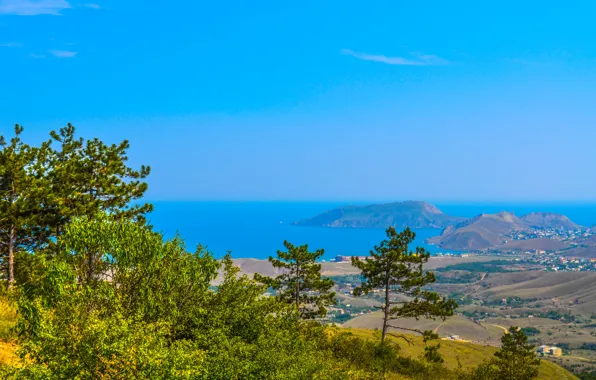 Картинка лето, небо, солнце, деревья, пейзажи, красиво, жарко, Крым