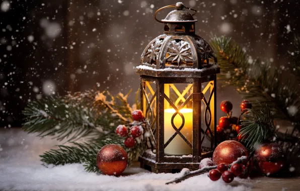 Зима, снег, украшения, ночь, Новый Год, Рождество, фонарь, light