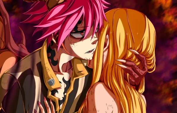 Дракон, аниме, арт, двое, Fairy Tail, Нацу Драгнил, Люси Хартфилия, Хвост феи