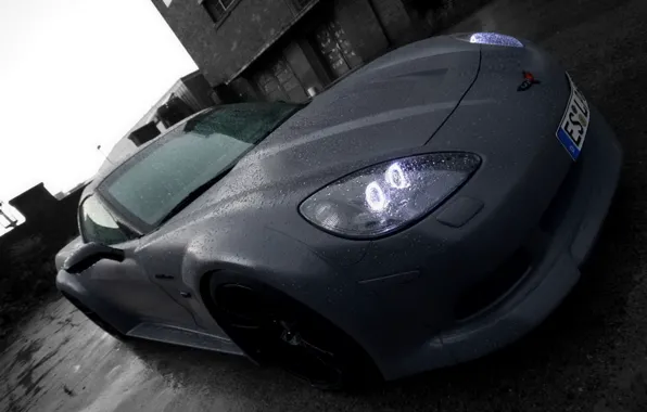 Картинка дождь, черно-белая, Auto, LOM Performance Corvette C6