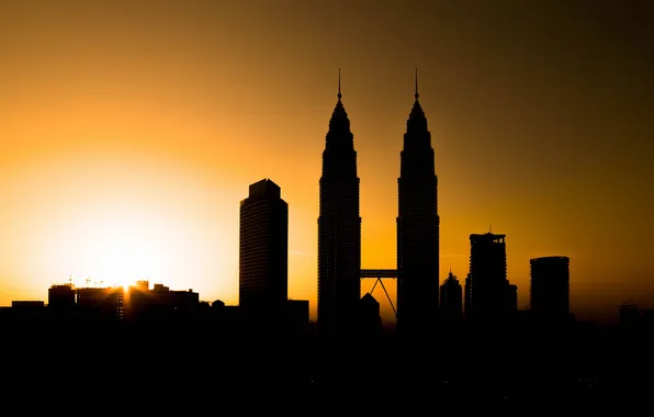 Небо, закат, город, башня, силуэт, Малайзия, Куала-Лумпур, Petronas Twin Towers