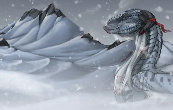 Холод, зима, горы, в снегу, кровь, раненый, белый дракон