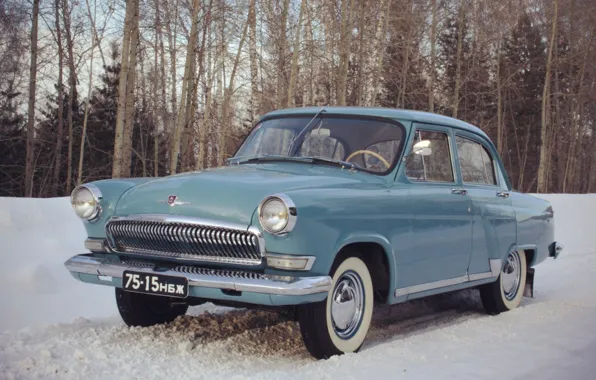 Картинка снег, ретро, фон, обои, СССР, автомобиль, легенда, волга