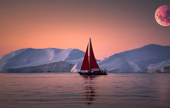 Картинка море, закат, яхта, льды, айсберги, полная луна, Гренландия