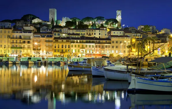 Картинка ночь, огни, Франция, дома, лодки, гавань, старый город, Прованс-Альпы-Лазурный берег