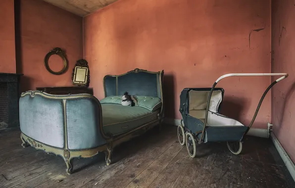 Картинка комната, кровать, коляска