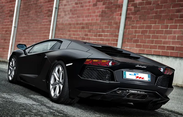 Lamborghini, вид сзади, кирпичная стена, aventador, lp700-4, ламборгини, авентадор, чёрный матовый