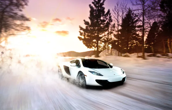 Картинка McLaren, Winter, Sunset, MP4-12C, Snow, White, exotic, Supercar