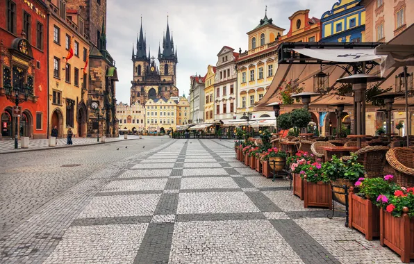 Картинка город, здания, Прага, Чехия, площадь, кафе, архитектура, Prague