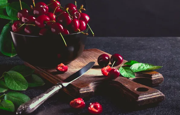 Картинка листья, черешня, спелая