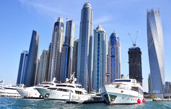 Яхты, небоскребы, порт, Dubai, дубай, harbor, Skyscrapers