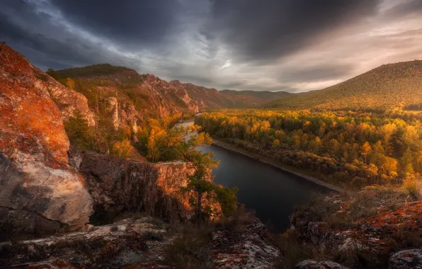 Картинка осень, пейзаж, горы, природа, река, леса, Хакасия