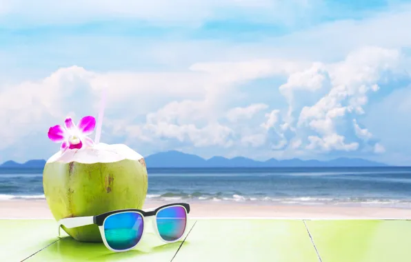 Картинка песок, море, пляж, лето, отдых, кокос, очки, коктейль