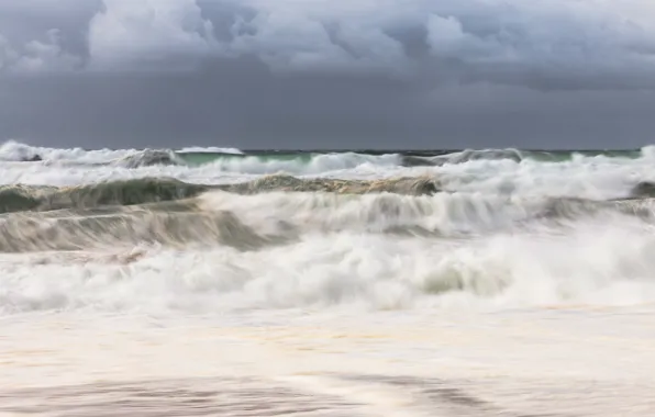 Картинка waves, storm, beach, sea, ocean, seascape, clouds, seaside