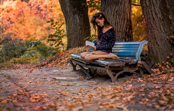 Картинка осень, девушка, парк, книга, скамья