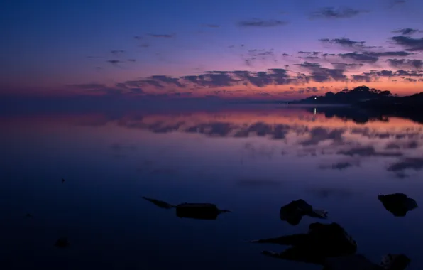 Картинка небо, облака, отражение, рассвет, берег, утро, залив, США
