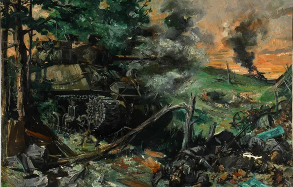 Картинка масло, картина, холст, художник Теренс Кунео, «Танковая битва»