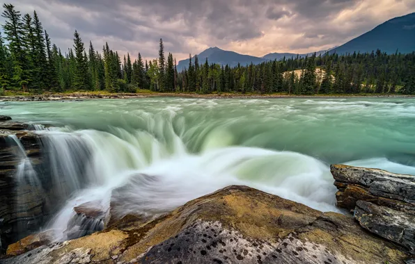 Картинка лес, горы, скалы, водопад, поток