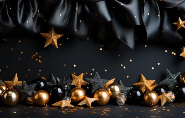 Звезды, украшения, шары, Новый Год, Рождество, golden, new year, happy