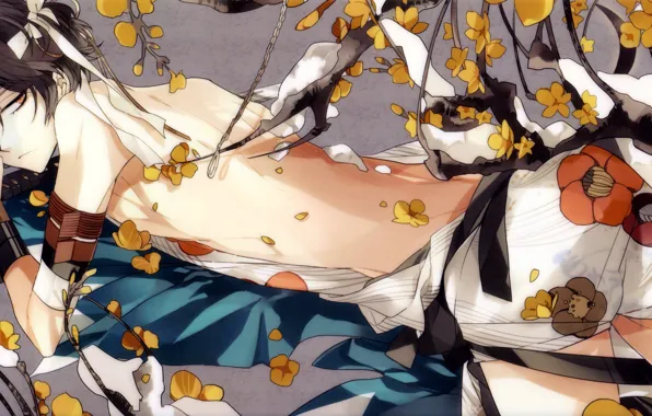 Спина, самурай, лежит, браслет, парень, Демоны бледной сакуры, Saitou Hajime, Hakuouki Shinsengumi Kitan