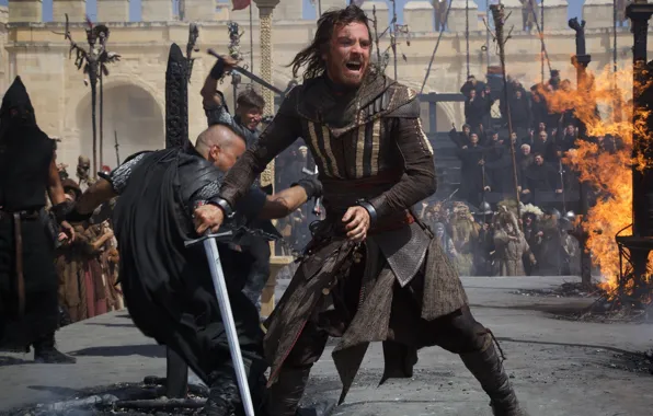 Cinema, fire, battlefield, flame, sword, Assassins Creed, game, soldiers