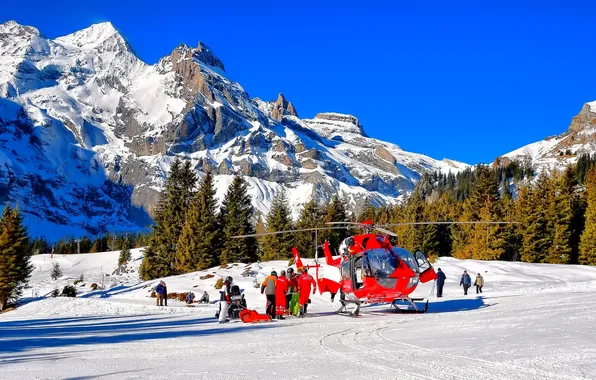 Картинка небо, горы, люди, Швейцария, Альпы, вертолет, спасатели