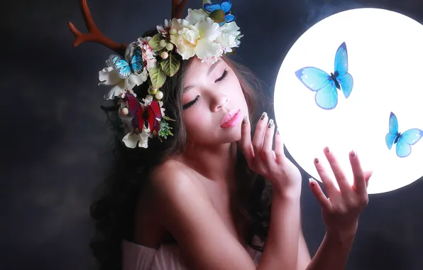 Девушка, свет, бабочки, цветы, лицо, фон, волосы, круг