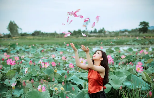 Картинка поле, цветы, длинные волосы, long hair, field, flowers, маникюр, manicure