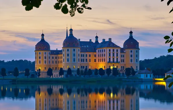 Картинка красота, утро, Германия, отражение в воде, Саксония, Saxony, Moritzburg Castle, Замок Морицбург