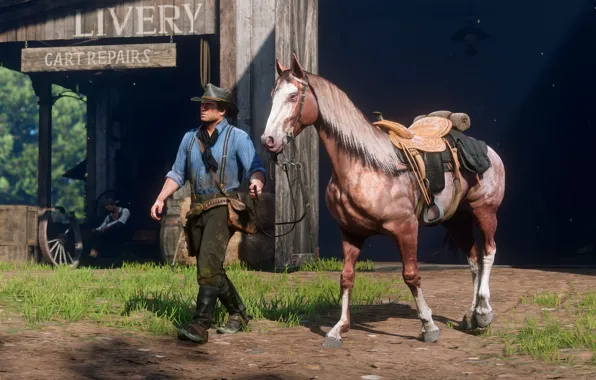 Картинка лошадь, шляпа, Rockstar, Бандит, Red Dead Redemption 2, канюшня