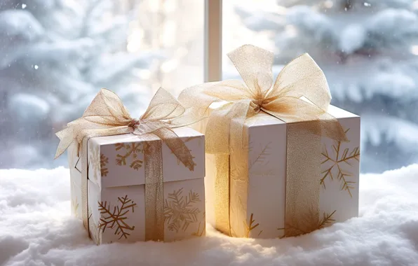 Картинка gift box, Новый Год, подарки, snow, зима, fir tree, window, Christmas