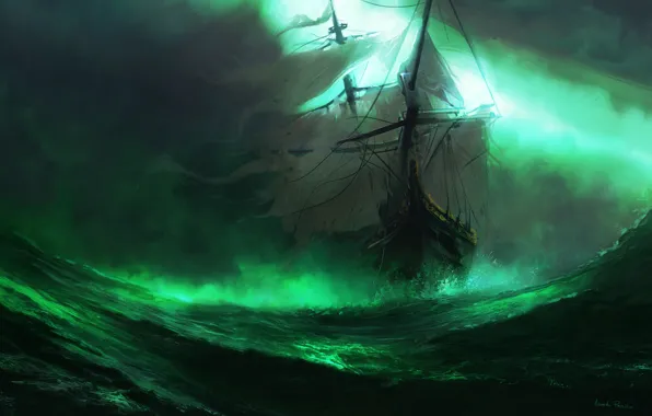 Картинка море, волны, туман, корабль, арт, паруса