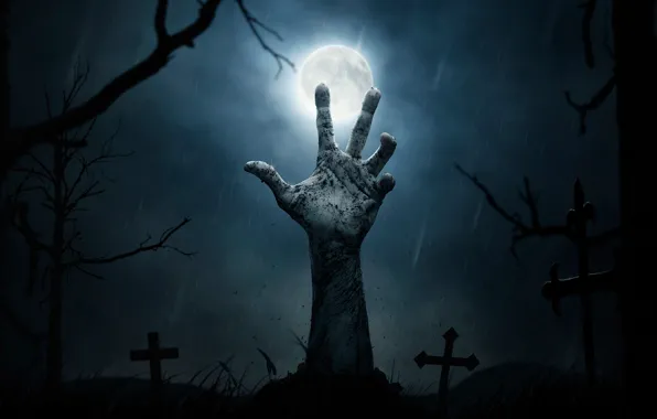 Картинка ночь, луна, кресты, могилы, рука, кладбище, Halloween, ужас