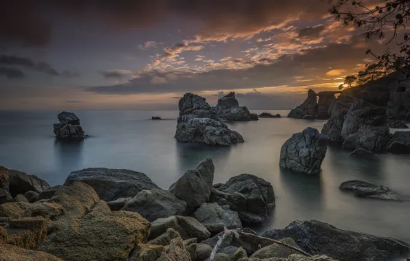 Картинка море, пейзаж, природа, камни, скалы, берег, утро, Испания