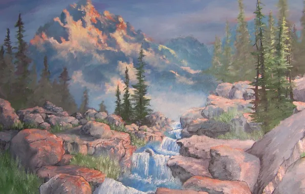 Картинка деревья, пейзаж, горы, природа, река, камни, поток, картина