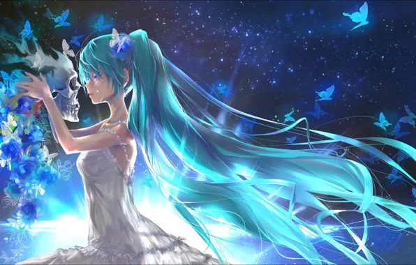 Череп, Хатсуне Мику, звездная ночь, в темноте, стоит на коленях, hatsune Miku, плачущая девушка, заклинательница …