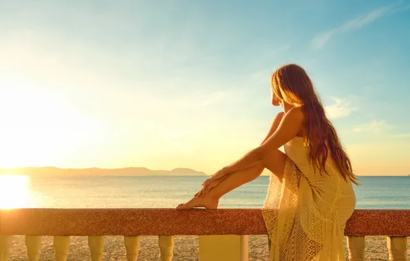 Море, закат, ноги, модель, платье