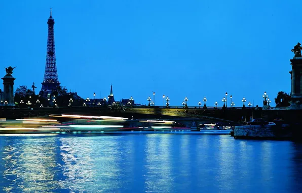 Картинка вода, мост, огни, эйфелева башня, париж, вечер, фонари, франция