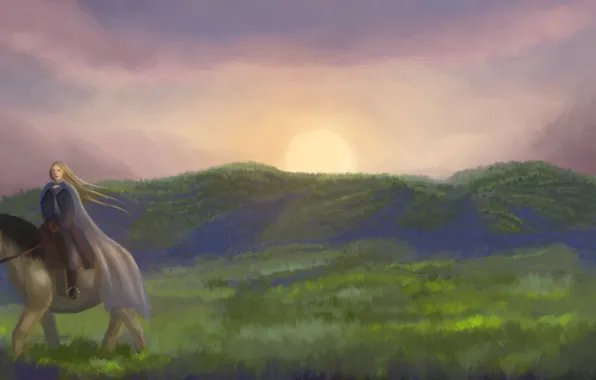 Girl, sun, horse, vegetation, Denmark, by sheepyart, a homecoming