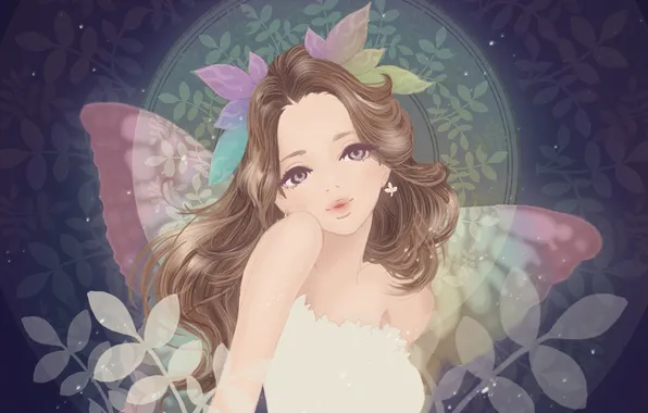 Картинка листья, Девушка, крылья, фея