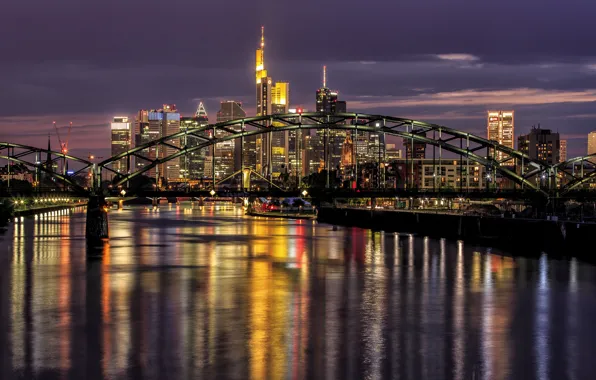 Картинка мост, река, Германия, ночной город, Frankfurt, Germany, Франкфурт-на-Майне