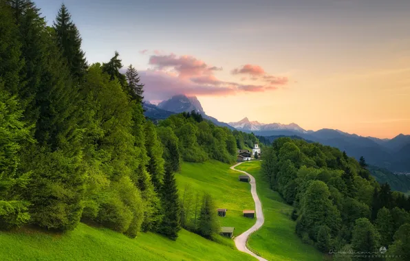 Картинка дорога, пейзаж, горы, природа, Германия, Бавария, Альпы, церковь