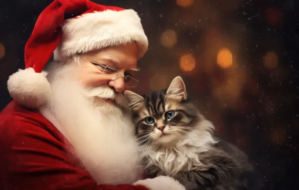 Кошка, кот, котенок, доброта, портрет, Рождество, Новый год, Санта Клаус