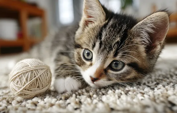 Кошка, взгляд, клубок, поза, котенок, серый, игра, малыш