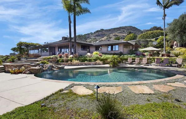 Дом, камни, пальмы, вилла, бассейн, Калифорния, США, Laguna Beach